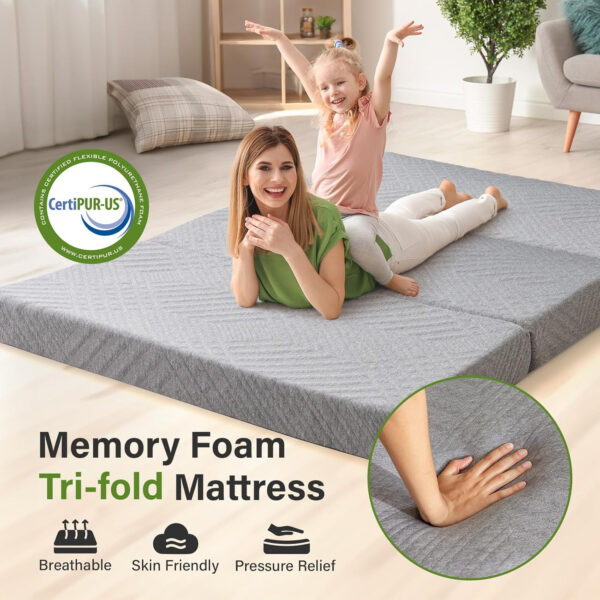 Folding Mattress 3in TwinXL Memory Foam Tri-Folding Mattress with Washable Cover Foldable Floor Mat for Guest Bed, Camping, Yoga, RV Travel, White