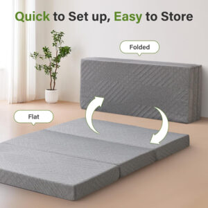 Folding Mattress 3in TwinXL Memory Foam Tri-Folding Mattress with Washable Cover Foldable Floor Mat for Guest Bed, Camping, Yoga, RV Travel, White