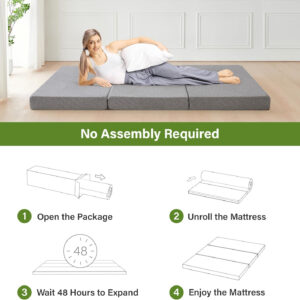 Folding Mattress 3in TwinXL Memory Foam Tri-Folding Mattress with Washable Cover Foldable Floor Mat for Guest Bed, Camping, Yoga, RV Travel, White