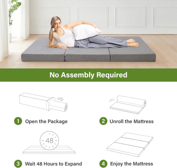 Folding Mattress 3in TwinXL Memory Foam Tri-Folding Mattress with Washable Cover Foldable Floor Mat for Guest Bed, Camping, Yoga, RV Travel, White