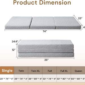 Folding Mattress 3in TwinXL Memory Foam Tri-Folding Mattress with Washable Cover Foldable Floor Mat for Guest Bed, Camping, Yoga, RV Travel, White