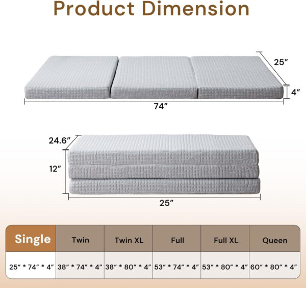 Folding Mattress 3in TwinXL Memory Foam Tri-Folding Mattress with Washable Cover Foldable Floor Mat for Guest Bed, Camping, Yoga, RV Travel, White