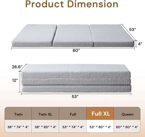 Folding Mattress 3in TwinXL Memory Foam Tri-Folding Mattress with Washable Cover Foldable Floor Mat for Guest Bed, Camping, Yoga, RV Travel, White