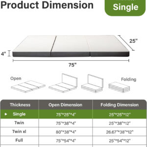 Folding Mattress 3in TwinXL Memory Foam Tri-Folding Mattress with Washable Cover Foldable Floor Mat for Guest Bed, Camping, Yoga, RV Travel, White