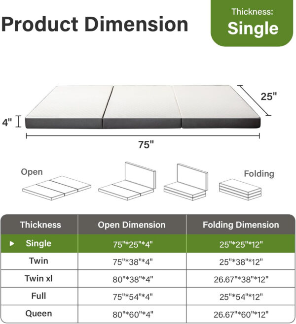 Folding Mattress 3in TwinXL Memory Foam Tri-Folding Mattress with Washable Cover Foldable Floor Mat for Guest Bed, Camping, Yoga, RV Travel, White