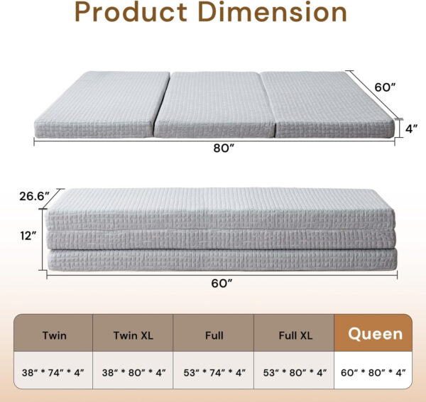 Folding Mattress 3in TwinXL Memory Foam Tri-Folding Mattress with Washable Cover Foldable Floor Mat for Guest Bed, Camping, Yoga, RV Travel, White