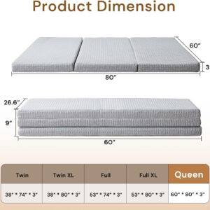 Folding Mattress 3in TwinXL Memory Foam Tri-Folding Mattress with Washable Cover Foldable Floor Mat for Guest Bed, Camping, Yoga, RV Travel, White