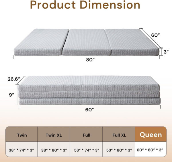 Folding Mattress 3in TwinXL Memory Foam Tri-Folding Mattress with Washable Cover Foldable Floor Mat for Guest Bed, Camping, Yoga, RV Travel, White