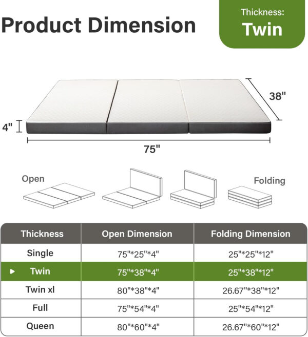Folding Mattress 3in TwinXL Memory Foam Tri-Folding Mattress with Washable Cover Foldable Floor Mat for Guest Bed, Camping, Yoga, RV Travel, White
