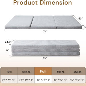 Folding Mattress 3in TwinXL Memory Foam Tri-Folding Mattress with Washable Cover Foldable Floor Mat for Guest Bed, Camping, Yoga, RV Travel, White