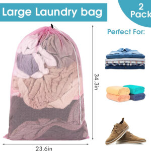 2 Pack Mesh Laundry Bags, 23 x 34 Inches Heavy Duty Mesh Laundry Bag, Large Laundry Drawstring Bag for College, Dorm, Travel, Family and Apartment Dwellers, Black