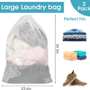 2 Pack Mesh Laundry Bags, 23 x 34 Inches Heavy Duty Mesh Laundry Bag, Large Laundry Drawstring Bag for College, Dorm, Travel, Family and Apartment Dwellers, Black