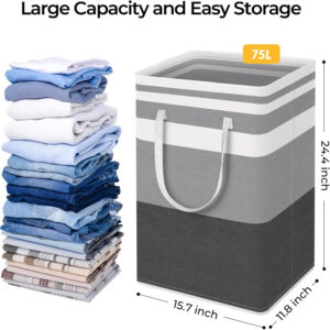 68885dfa3f83e89b25e1080ac93d559b3f8bb847f900dabee122f.jpg HomeHacks 2 Pack Large Laundry Baskets, Waterproof, Freestanding Laundry Hampers, Collapsible Clothes Hamper with Reinforced Handles in Laundry Room, College Dorm, Bathroom, Bedroom (Grey, 75Lx2)
