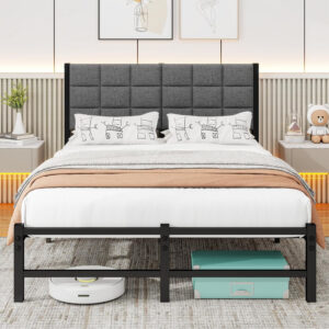 Twin Bed Frame with Headboard,Single Bed Frame Twin Size with Metal Slats Support/Metal Upholstered Platform Bed Frame No Box Spring Needed/Under Bed Storage/Easy Assembly,Noise Free,Grey