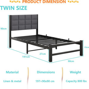 Twin Bed Frame with Headboard,Single Bed Frame Twin Size with Metal Slats Support/Metal Upholstered Platform Bed Frame No Box Spring Needed/Under Bed Storage/Easy Assembly,Noise Free,Grey