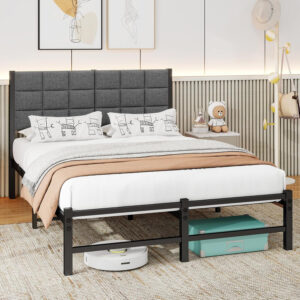 Twin Bed Frame with Headboard,Single Bed Frame Twin Size with Metal Slats Support/Metal Upholstered Platform Bed Frame No Box Spring Needed/Under Bed Storage/Easy Assembly,Noise Free,Grey