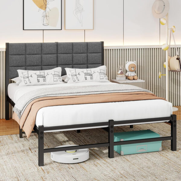 Twin Bed Frame with Headboard,Single Bed Frame Twin Size with Metal Slats Support/Metal Upholstered Platform Bed Frame No Box Spring Needed/Under Bed Storage/Easy Assembly,Noise Free,Grey