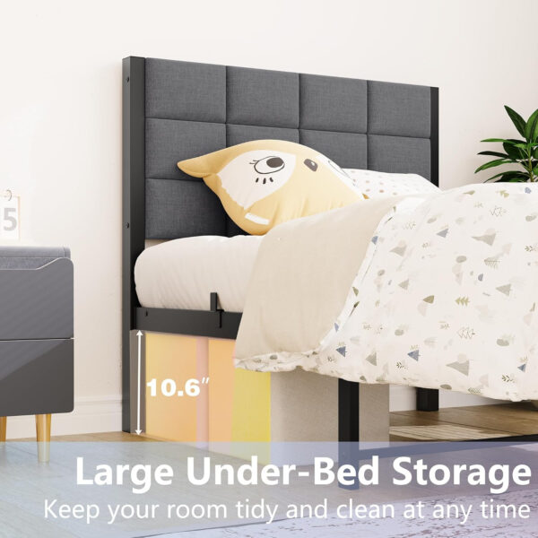 Twin Bed Frame with Headboard,Single Bed Frame Twin Size with Metal Slats Support/Metal Upholstered Platform Bed Frame No Box Spring Needed/Under Bed Storage/Easy Assembly,Noise Free,Grey