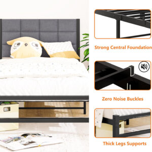 Twin Bed Frame with Headboard,Single Bed Frame Twin Size with Metal Slats Support/Metal Upholstered Platform Bed Frame No Box Spring Needed/Under Bed Storage/Easy Assembly,Noise Free,Grey