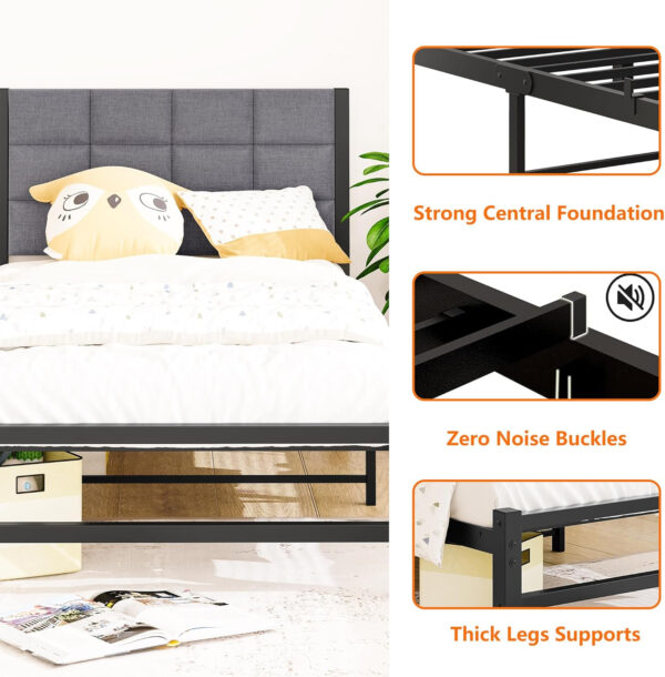 Twin Bed Frame with Headboard,Single Bed Frame Twin Size with Metal Slats Support/Metal Upholstered Platform Bed Frame No Box Spring Needed/Under Bed Storage/Easy Assembly,Noise Free,Grey