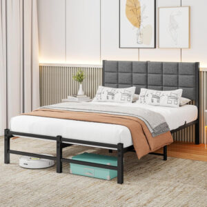 Twin Bed Frame with Headboard,Single Bed Frame Twin Size with Metal Slats Support/Metal Upholstered Platform Bed Frame No Box Spring Needed/Under Bed Storage/Easy Assembly,Noise Free,Grey