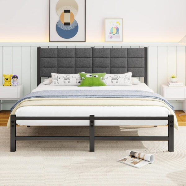 Twin Bed Frame with Headboard,Single Bed Frame Twin Size with Metal Slats Support/Metal Upholstered Platform Bed Frame No Box Spring Needed/Under Bed Storage/Easy Assembly,Noise Free,Grey