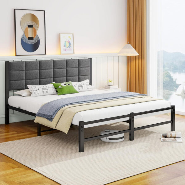 Twin Bed Frame with Headboard,Single Bed Frame Twin Size with Metal Slats Support/Metal Upholstered Platform Bed Frame No Box Spring Needed/Under Bed Storage/Easy Assembly,Noise Free,Grey