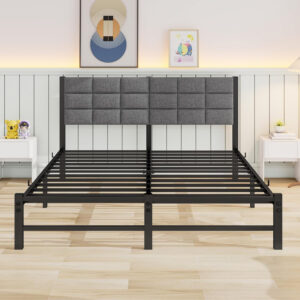 Twin Bed Frame with Headboard,Single Bed Frame Twin Size with Metal Slats Support/Metal Upholstered Platform Bed Frame No Box Spring Needed/Under Bed Storage/Easy Assembly,Noise Free,Grey