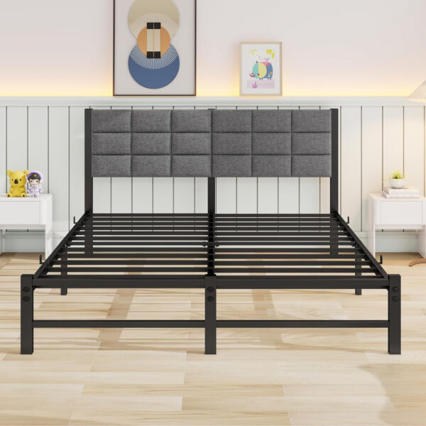Twin Bed Frame with Headboard,Single Bed Frame Twin Size with Metal Slats Support/Metal Upholstered Platform Bed Frame No Box Spring Needed/Under Bed Storage/Easy Assembly,Noise Free,Grey