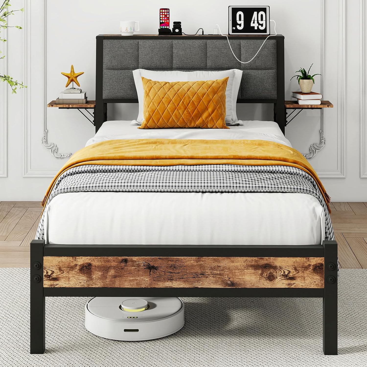 Twin Bed Frame with Storage Headboard,Upholstered Platform Bed Frame Twin with Charging Station and Bedside Shelf,Heavy Duty Metal Slats,Under Bed Storage,No Box Spring Needed,Noise Free,Grey