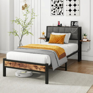 Twin Bed Frame with Storage Headboard,Upholstered Platform Bed Frame Twin with Charging Station and Bedside Shelf,Heavy Duty Metal Slats,Under Bed Storage,No Box Spring Needed,Noise Free,Grey