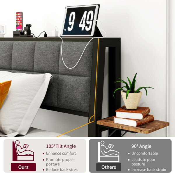 Twin Bed Frame with Storage Headboard,Upholstered Platform Bed Frame Twin with Charging Station and Bedside Shelf,Heavy Duty Metal Slats,Under Bed Storage,No Box Spring Needed,Noise Free,Grey