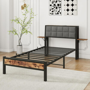 Twin Bed Frame with Storage Headboard,Upholstered Platform Bed Frame Twin with Charging Station and Bedside Shelf,Heavy Duty Metal Slats,Under Bed Storage,No Box Spring Needed,Noise Free,Grey