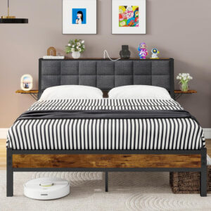 Twin Bed Frame with Storage Headboard,Upholstered Platform Bed Frame Twin with Charging Station and Bedside Shelf,Heavy Duty Metal Slats,Under Bed Storage,No Box Spring Needed,Noise Free,Grey