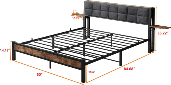 Twin Bed Frame with Storage Headboard,Upholstered Platform Bed Frame Twin with Charging Station and Bedside Shelf,Heavy Duty Metal Slats,Under Bed Storage,No Box Spring Needed,Noise Free,Grey