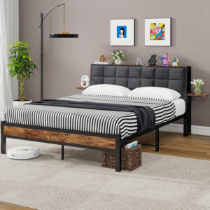 Twin Bed Frame with Storage Headboard,Upholstered Platform Bed Frame Twin with Charging Station and Bedside Shelf,Heavy Duty Metal Slats,Under Bed Storage,No Box Spring Needed,Noise Free,Grey