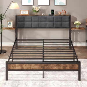 Twin Bed Frame with Storage Headboard,Upholstered Platform Bed Frame Twin with Charging Station and Bedside Shelf,Heavy Duty Metal Slats,Under Bed Storage,No Box Spring Needed,Noise Free,Grey