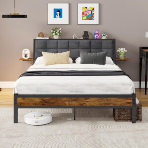 Twin Bed Frame with Storage Headboard,Upholstered Platform Bed Frame Twin with Charging Station and Bedside Shelf,Heavy Duty Metal Slats,Under Bed Storage,No Box Spring Needed,Noise Free,Grey