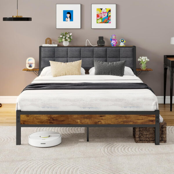 Twin Bed Frame with Storage Headboard,Upholstered Platform Bed Frame Twin with Charging Station and Bedside Shelf,Heavy Duty Metal Slats,Under Bed Storage,No Box Spring Needed,Noise Free,Grey