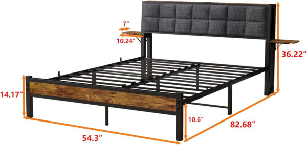Twin Bed Frame with Storage Headboard,Upholstered Platform Bed Frame Twin with Charging Station and Bedside Shelf,Heavy Duty Metal Slats,Under Bed Storage,No Box Spring Needed,Noise Free,Grey