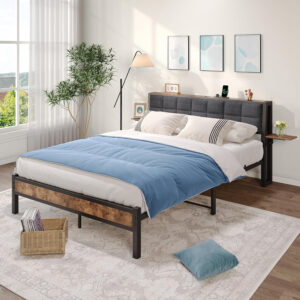 Twin Bed Frame with Storage Headboard,Upholstered Platform Bed Frame Twin with Charging Station and Bedside Shelf,Heavy Duty Metal Slats,Under Bed Storage,No Box Spring Needed,Noise Free,Grey
