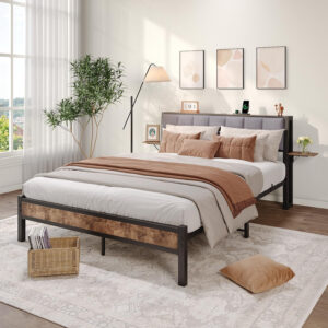 Twin Bed Frame with Storage Headboard,Upholstered Platform Bed Frame Twin with Charging Station and Bedside Shelf,Heavy Duty Metal Slats,Under Bed Storage,No Box Spring Needed,Noise Free,Grey