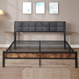 Twin Bed Frame with Storage Headboard,Upholstered Platform Bed Frame Twin with Charging Station and Bedside Shelf,Heavy Duty Metal Slats,Under Bed Storage,No Box Spring Needed,Noise Free,Grey