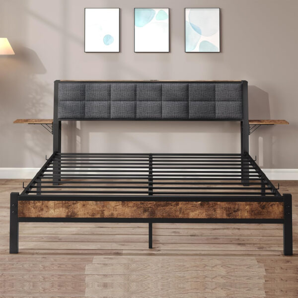 Twin Bed Frame with Storage Headboard,Upholstered Platform Bed Frame Twin with Charging Station and Bedside Shelf,Heavy Duty Metal Slats,Under Bed Storage,No Box Spring Needed,Noise Free,Grey