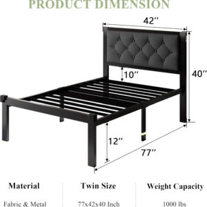 Feonase Twin Size Metal Bed Frame with Linen Upholstered Headboard, Heavy-Duty Platform Bed Frame with 12" Storage, Steel Slats Support, No Box Spring Needed, Gray