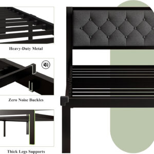 Feonase Twin Size Metal Bed Frame with Linen Upholstered Headboard, Heavy-Duty Platform Bed Frame with 12" Storage, Steel Slats Support, No Box Spring Needed, Gray