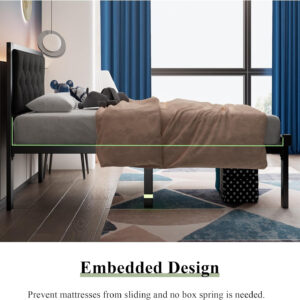 Feonase Twin Size Metal Bed Frame with Linen Upholstered Headboard, Heavy-Duty Platform Bed Frame with 12" Storage, Steel Slats Support, No Box Spring Needed, Gray