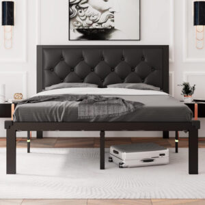 Feonase Twin Size Metal Bed Frame with Linen Upholstered Headboard, Heavy-Duty Platform Bed Frame with 12" Storage, Steel Slats Support, No Box Spring Needed, Gray