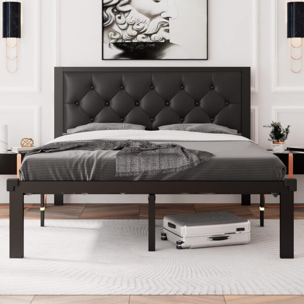Feonase Twin Size Metal Bed Frame with Linen Upholstered Headboard, Heavy-Duty Platform Bed Frame with 12" Storage, Steel Slats Support, No Box Spring Needed, Gray