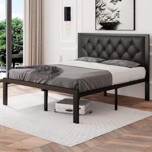 Feonase Twin Size Metal Bed Frame with Linen Upholstered Headboard, Heavy-Duty Platform Bed Frame with 12" Storage, Steel Slats Support, No Box Spring Needed, Gray